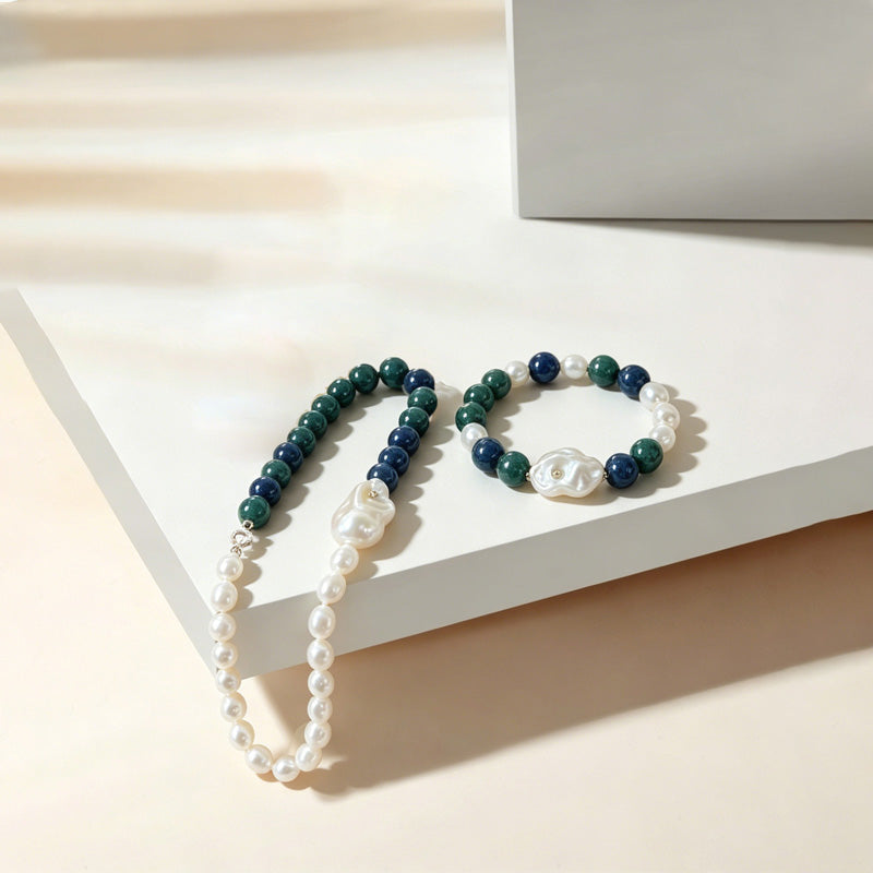 Loxun Turquoise & White Pearl Color-Block Set - Natural Stone Baroque Pearl Necklace Bracelet - Boho Vintage Jewelry for Women