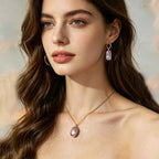 woman wearing Loxun baroque pearl necklace and earring set square iridescent pearls office chic outfit