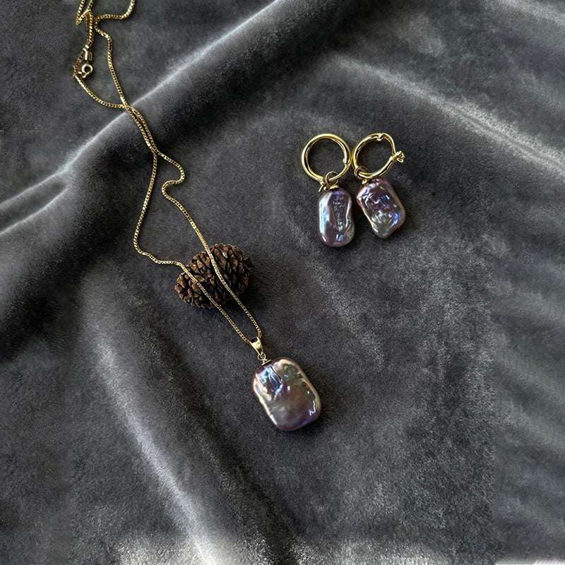 Loxun Baroque Pearl Jewelry Set - 18K Gold Plated Square Pearl Necklace & Earrings - Unique Iridescent Natural Pearl Gift Set for Women