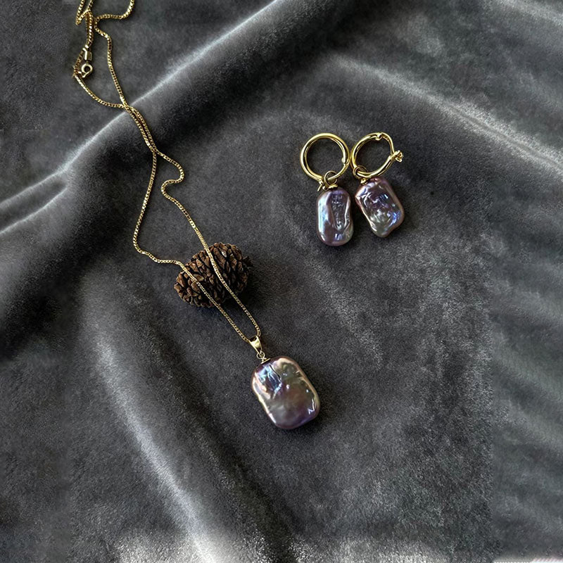 Loxun Baroque Pearl Jewelry Set - 18K Gold Plated Square Pearl Necklace & Earrings - Unique Iridescent Natural Pearl Gift Set for Women