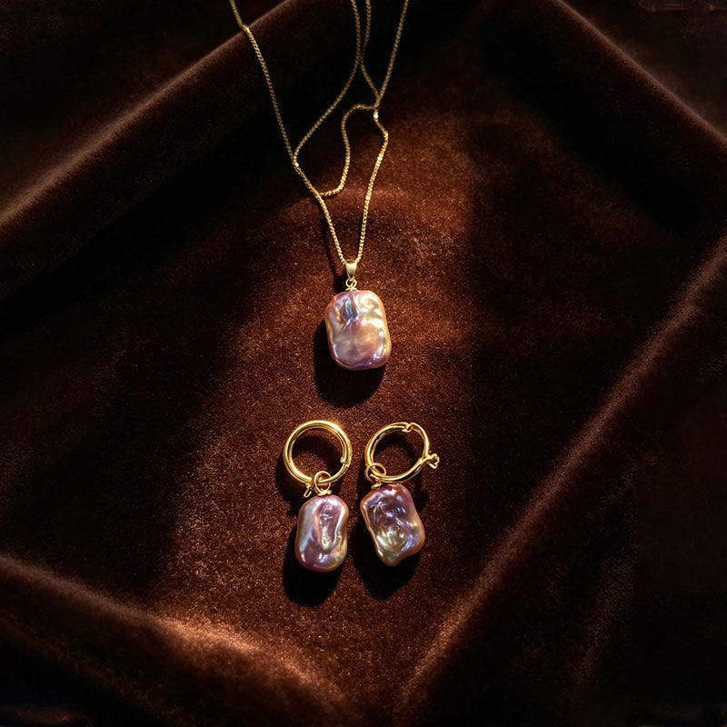 Loxun Baroque Pearl Jewelry Set - 18K Gold Plated Square Pearl Necklace & Earrings - Unique Iridescent Natural Pearl Gift Set for Women