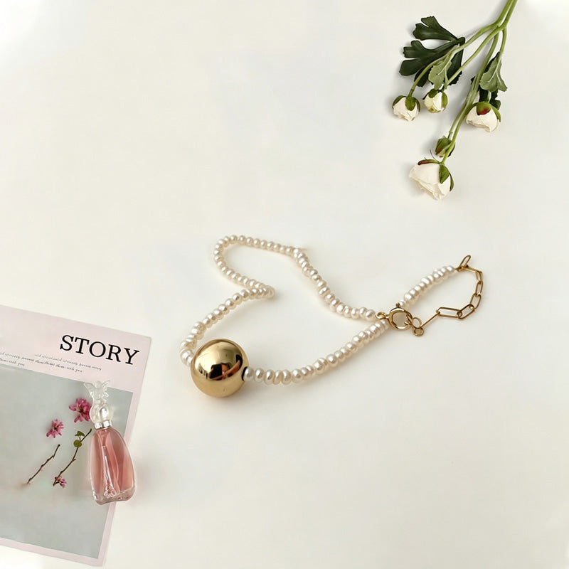 Loxun Gold Ball & Pearl Bracelet - 18K Gold Plated Sterling Silver Natural Freshwater Pearl Adjustable Minimalist Jewelry for Women