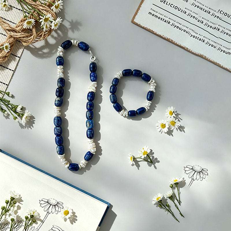 Loxun Blue Stone & Baroque Pearl Set - Natural Sodalite Necklace & Bracelet Sterling Silver Adjustable Vintage Boho Jewelry for Women