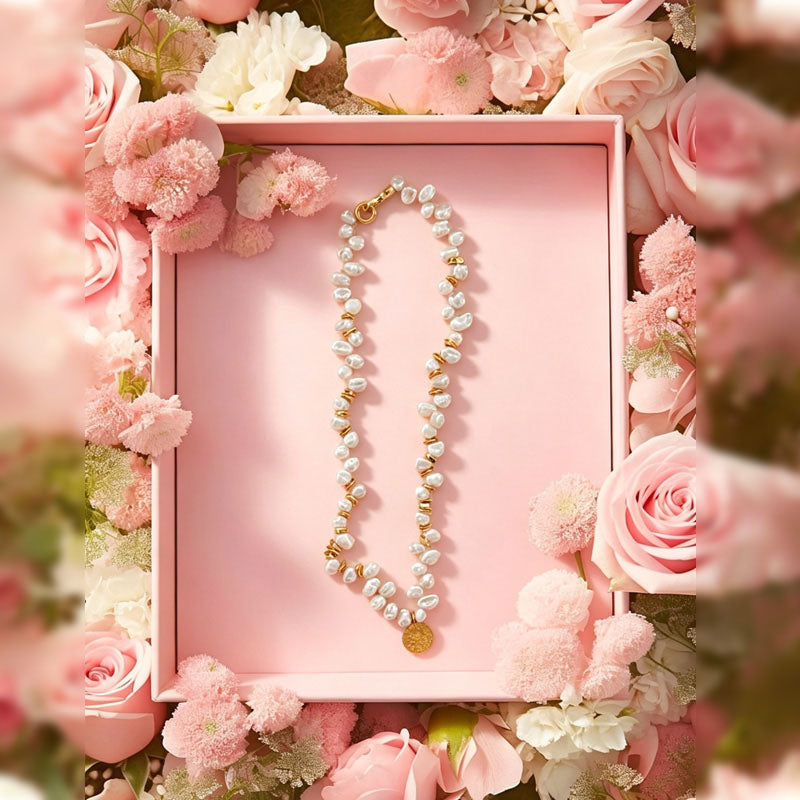 Loxun Gold Medal Keshi Pearl Necklace - Irregular Baroque Pearl & Gold Disc Choker - 18K Gold Plated Unique Layering Jewelry