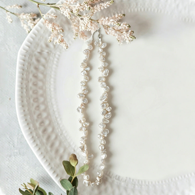 Loxun Keshi Pearl Necklace - Irregular Baroque Pearl Choker - 925 Sterling Silver Adjustable French Vintage Jewelry