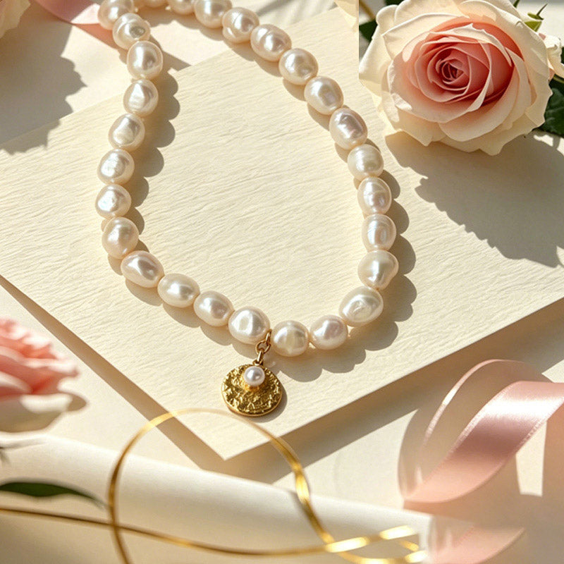 Loxun Gardener Pearl Bracelet - Hammered Gold Coin & Rice Pearl Strand - Sterling Silver Adjustable S/M Vintage Jewelry
