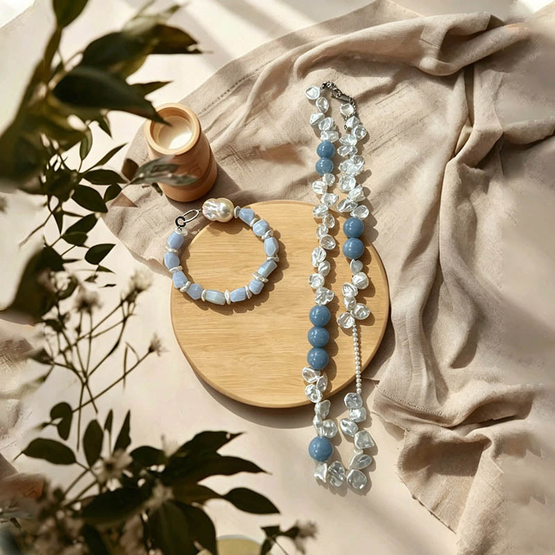 Loxun Blue Petal Stone Necklace - Natural Blue Stone & Baroque Pearl Choker - Vintage Artistic Adjustable Jewelry for Women