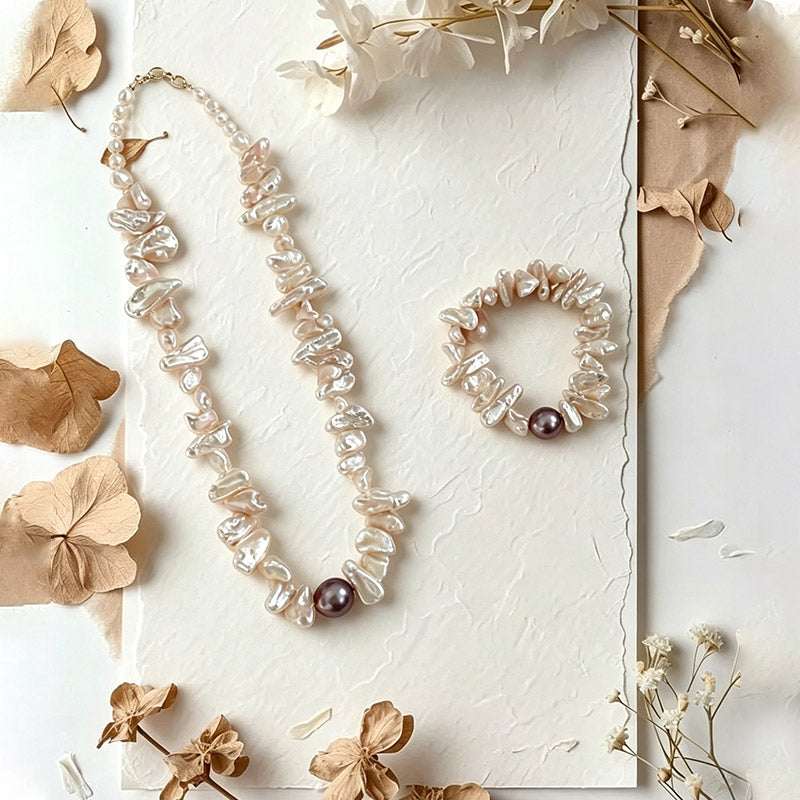 Loxun Sunflower Pearl Set - Baroque Pearl Necklace & Bracelet - Petal-Shaped Floral Vintage Jewelry for Women