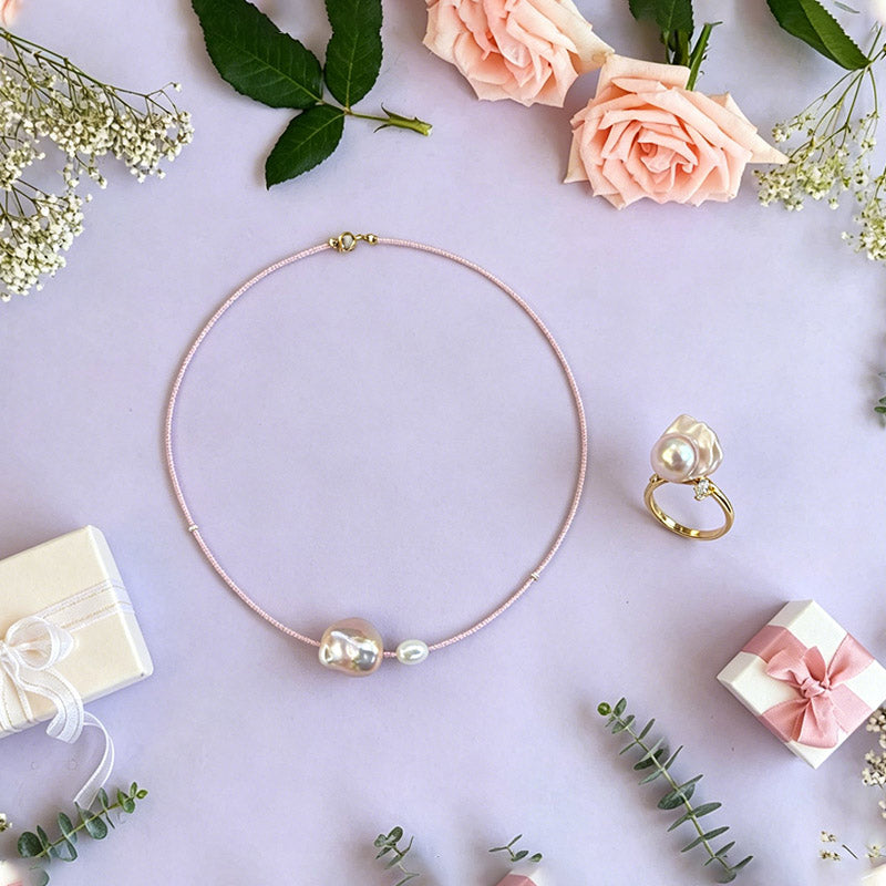Loxun Pink Fairy Pearl Set - Necklace & Bracelet & Ring - 14K Gold Filled Pink Cord Baroque Pearl Jewelry