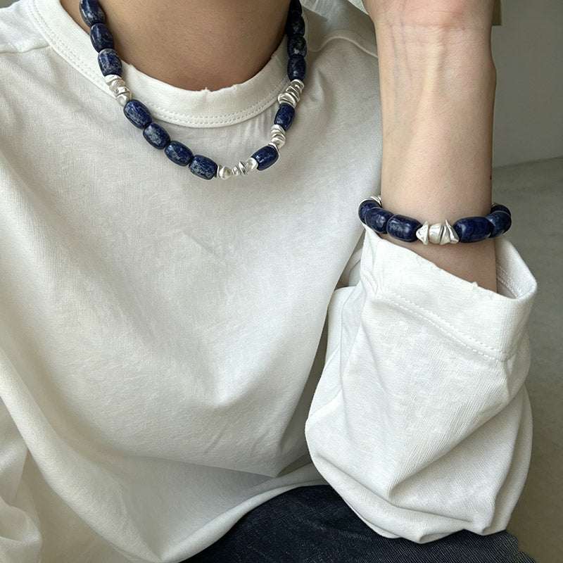 woman wearing Loxun blue sodalite baroque pearl necklace 41-42cm choker length collarbone