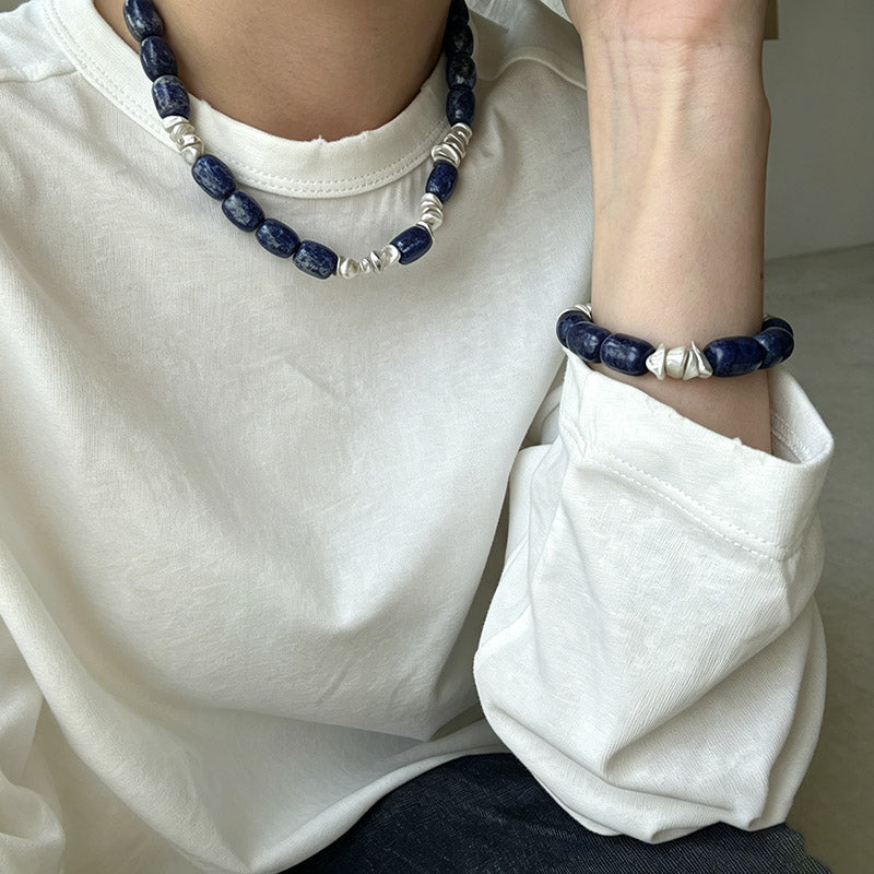 woman wearing Loxun blue sodalite baroque pearl necklace 41-42cm choker length collarbone
