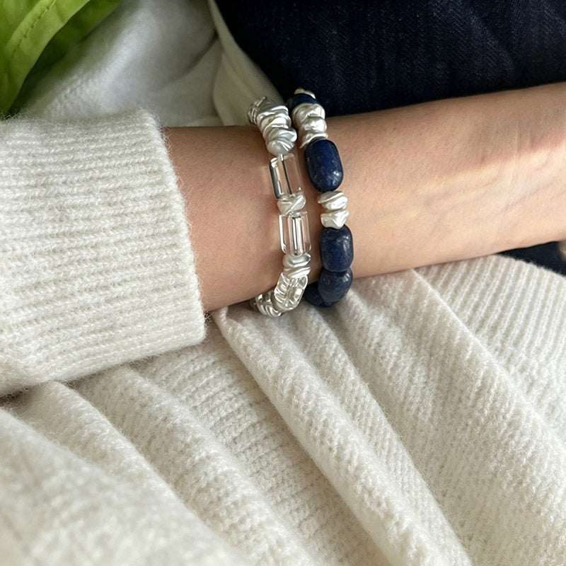 Loxun blue stone baroque pearl bracelet on wrist natural sodalite sterling silver
