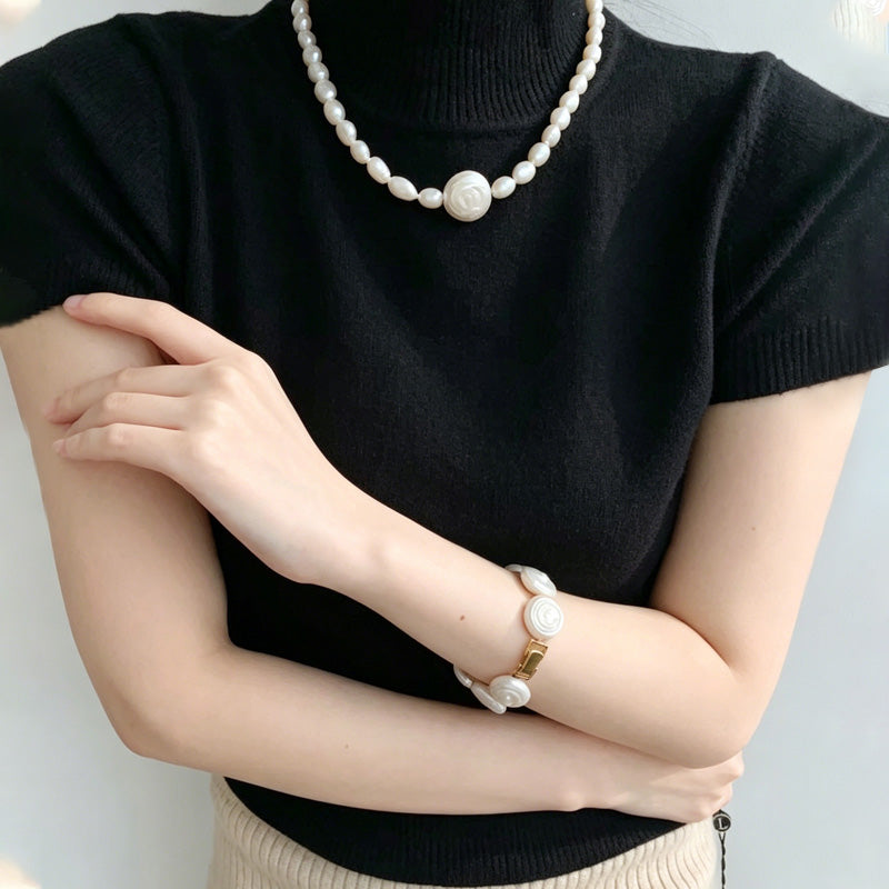 Loxun Roman Holiday button baroque pearl bracelet on wrist fits 13.5-15cm full strand