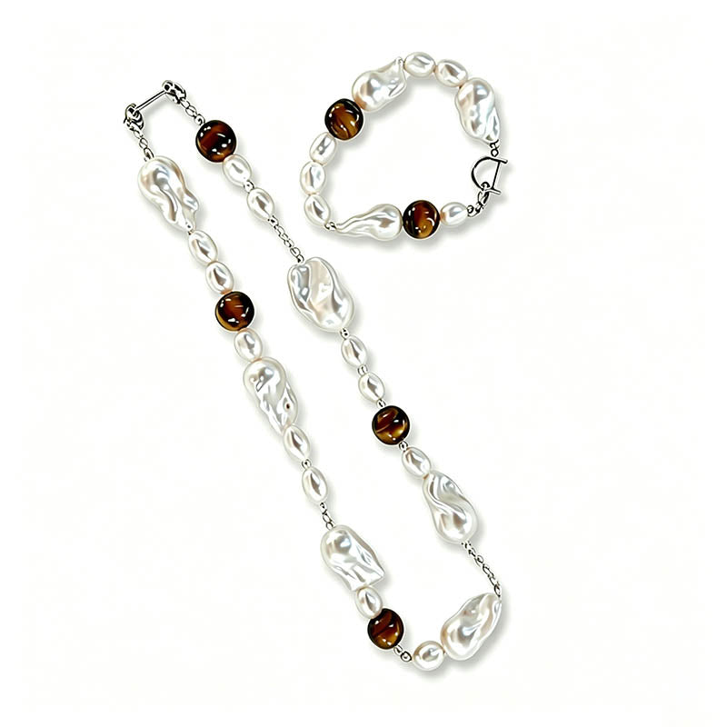 Loxun amber baroque pearl set tiger eye and keshi pearl necklace bracelet sterling silver vintage unisex jewelry