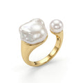 Loxun asymmetrical baroque pearl ring open adjustable band 18k gold plated sterling silver with round pearl duo