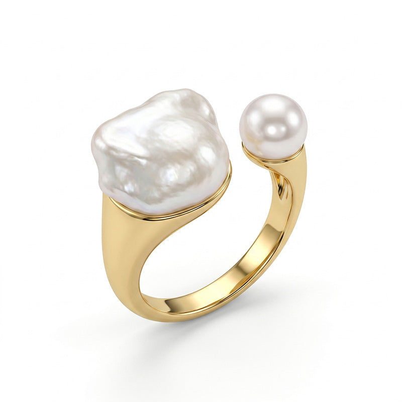 Loxun asymmetrical baroque pearl ring open adjustable band 18k gold plated sterling silver with round pearl duo