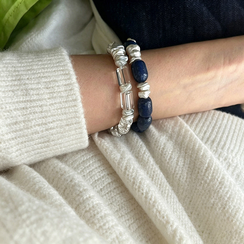 Loxun blue stone baroque pearl bracelet on wrist natural sodalite sterling silver