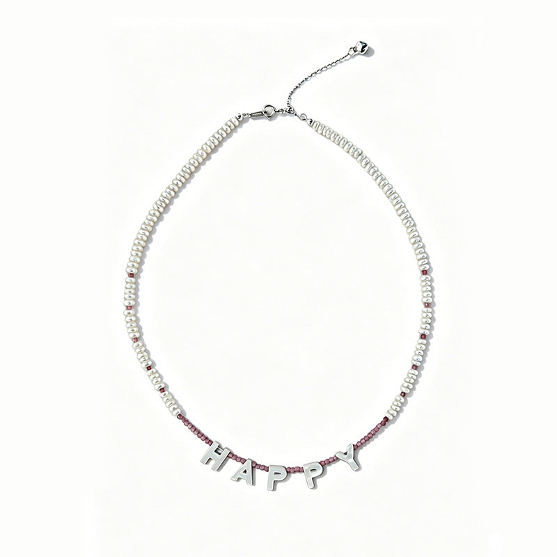 Loxun custom happy necklace personalized letter pearl and pink tourmaline beaded 925 sterling silver adjustable necklace for women