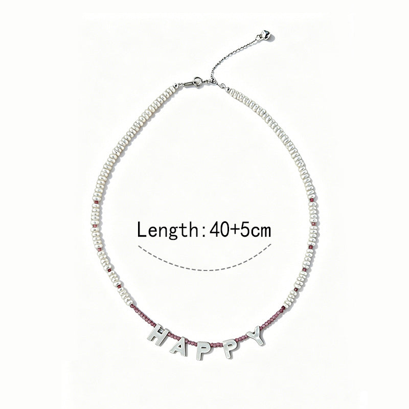 Loxun Custom Happy Necklace - Personalized Letter Pearl & Pink Tourmaline Beaded Necklace - 925 Sterling Silver Adjustable Gift for Her