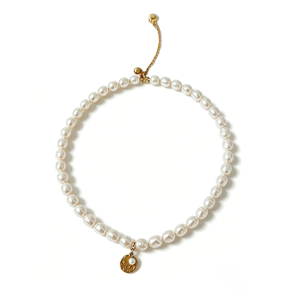 Loxun gardener Necklace hammered gold coin rice pearl strand sterling silver adjustable S/M vintage jewelry