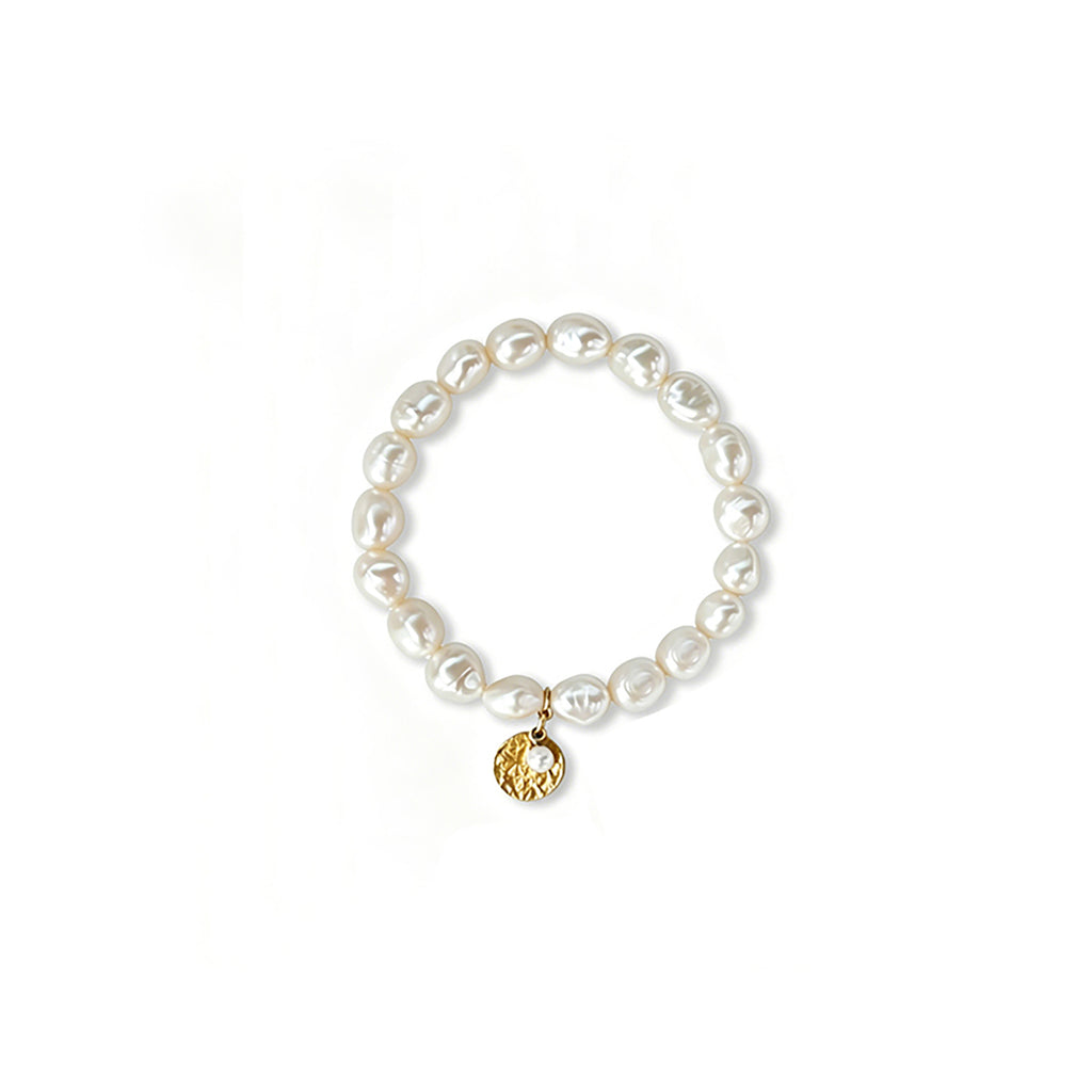 Loxun gardener bracelet hammered gold coin rice pearl strand sterling silver adjustable S/M vintage jewelry