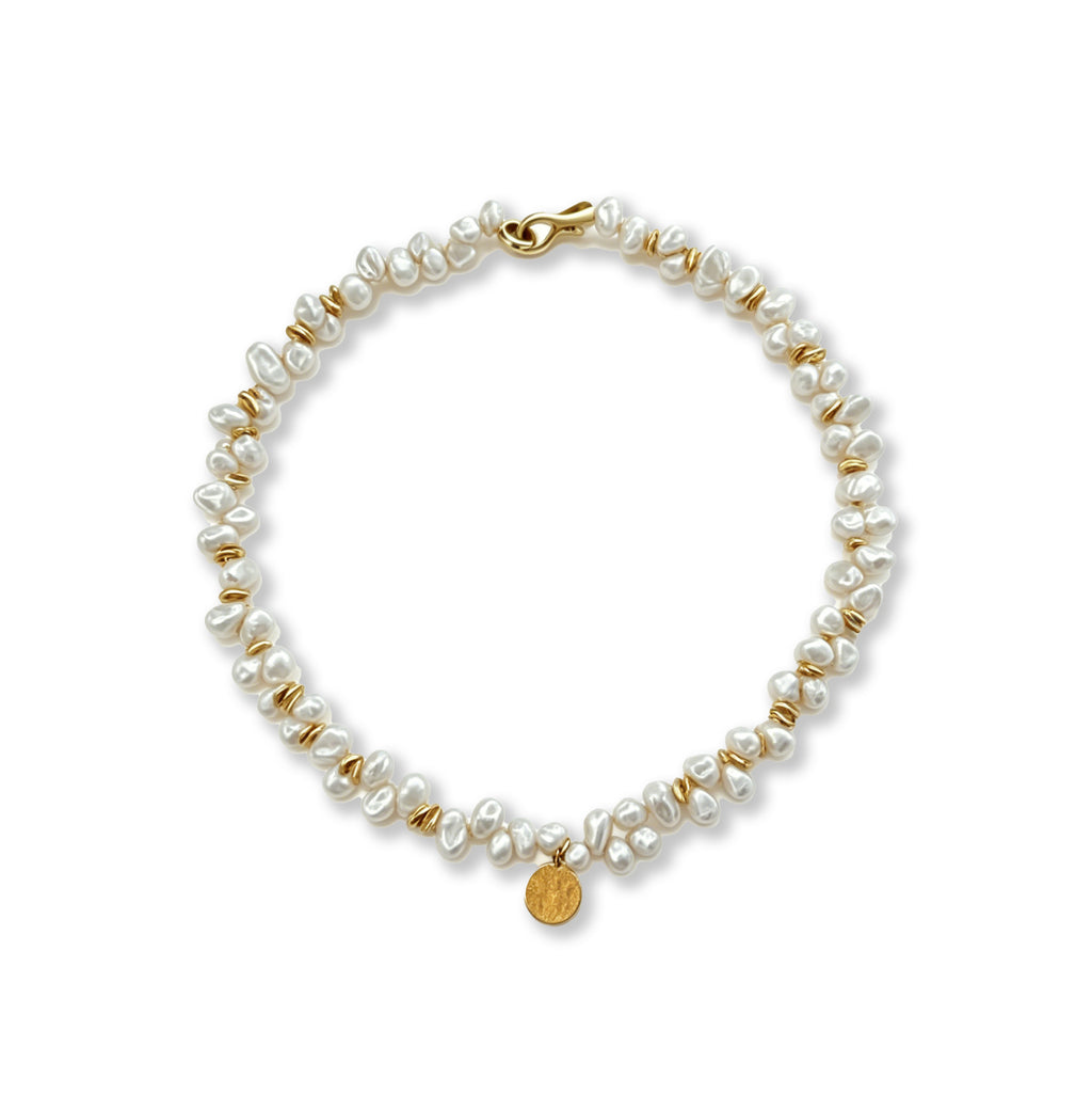 Loxun gold medal keshi pearl necklace irregular baroque pearl gold disc pendant 18k gold plated choker