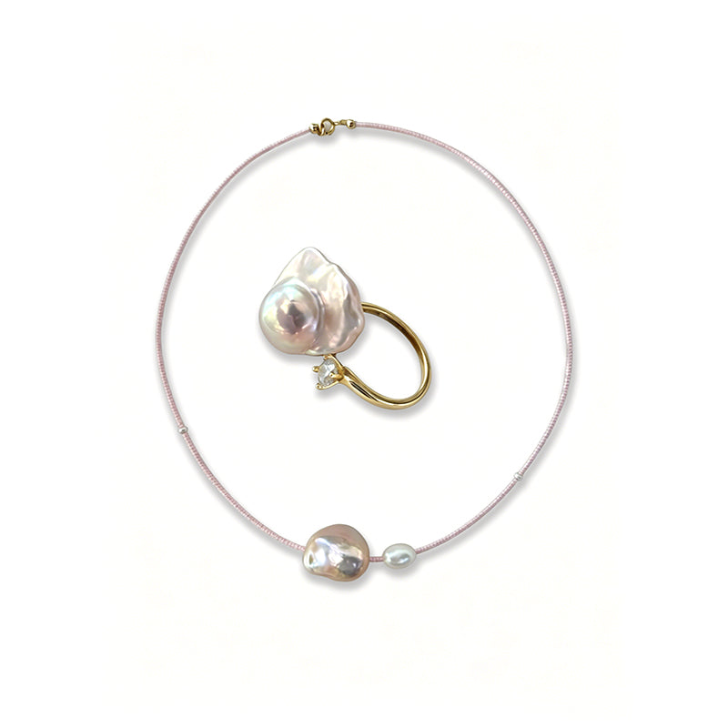 Loxun pink fairy pearl set necklace bracelet ring pink cord 14k gold filled baroque pearl jewelry