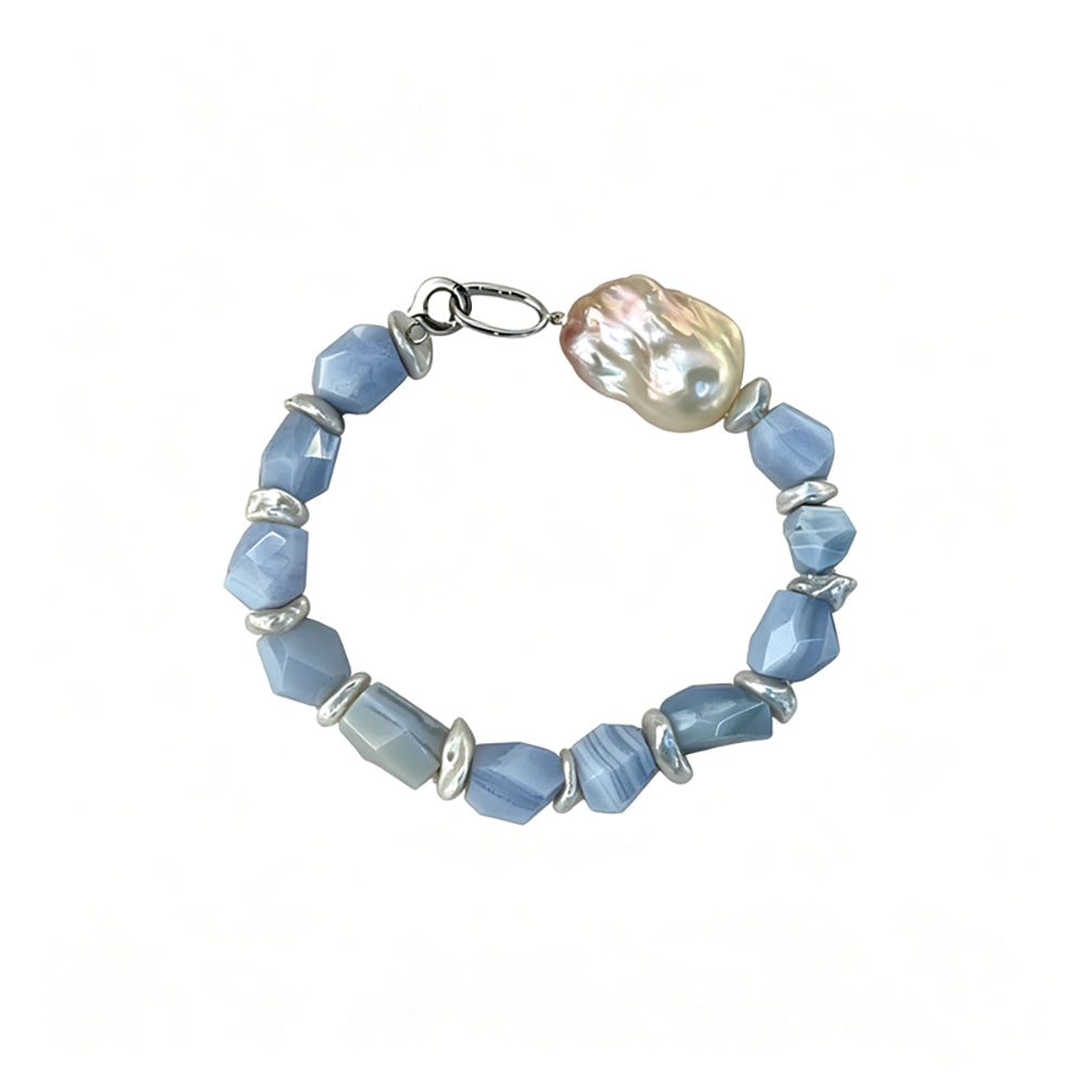 Loxun purple-blue natural stone bracelet faceted blue lace agate iridescent baroque pearl sterling silver stackable S/M