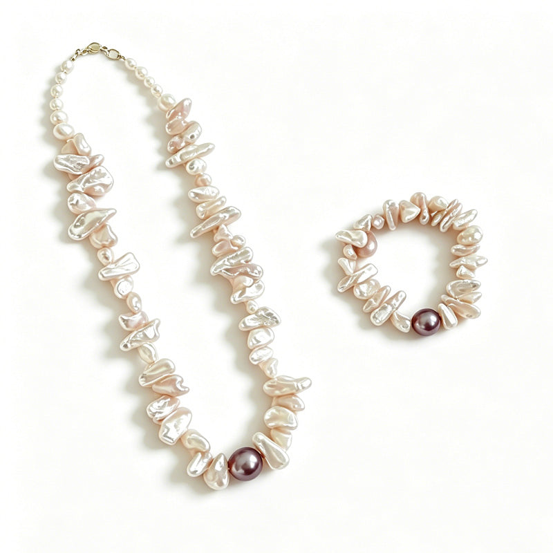 Loxun sunflower baroque pearl necklace and bracelet set petal-shaped pearls violet center vintage floral jewelry