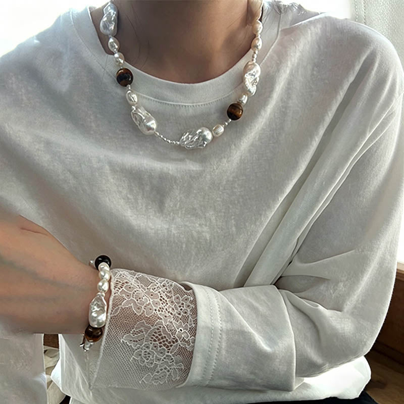 Loxun tiger eye baroque pearl bracelet on wrist S/M size unisex design