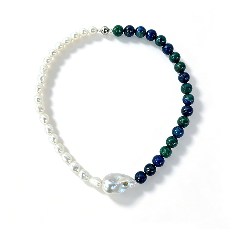 Loxun turquoise and white pearl color-block set natural sodalite baroque pearl necklace bracelet boho vintage jewelry