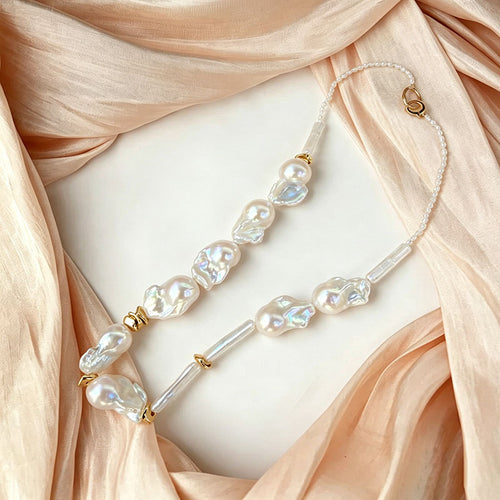 close up of natural keshi baroque pearl texture and gold silver mixed metal spacers on Loxun necklace