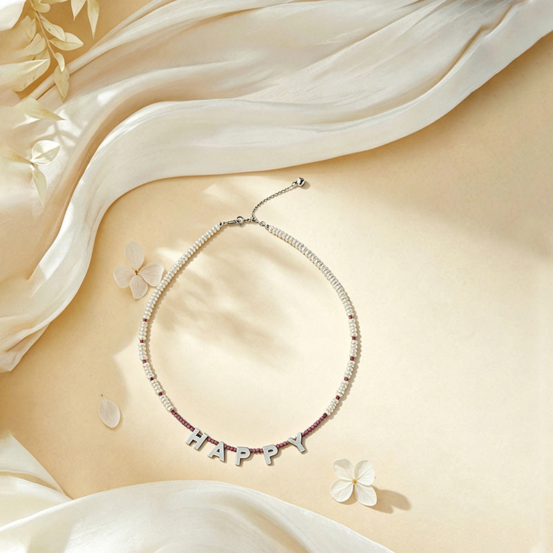 Loxun Custom Happy Necklace - Personalized Letter Pearl & Pink Tourmaline Beaded Necklace - 925 Sterling Silver Adjustable Gift for Her