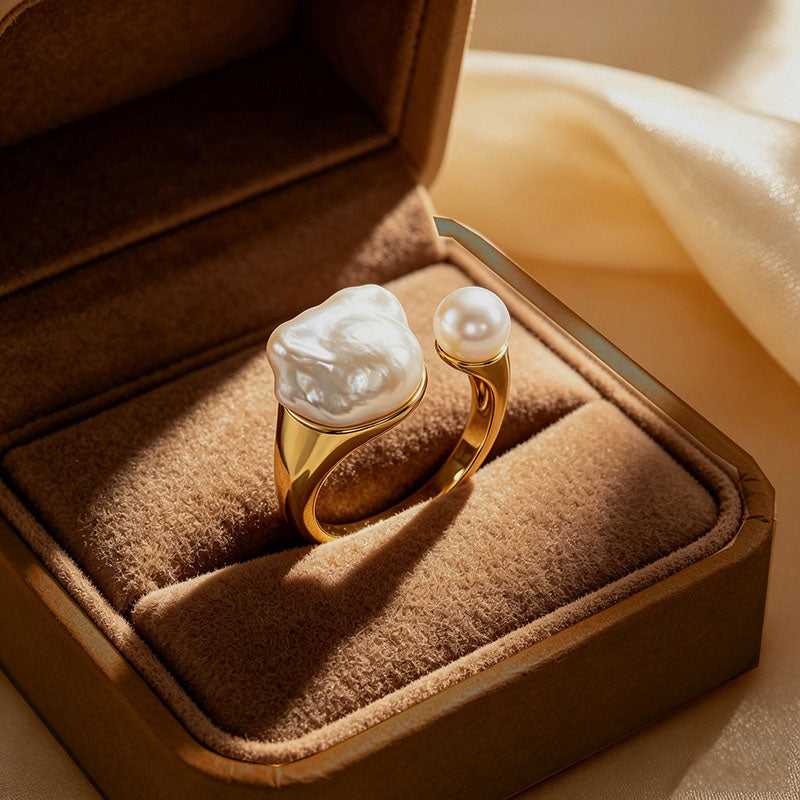 close up of Loxun open pearl ring showing adjustable band and natural baroque pearl texture