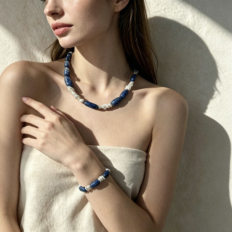 Loxun Blue Stone & Baroque Pearl Set - Natural Sodalite Necklace & Bracelet Sterling Silver Adjustable Vintage Boho Jewelry for Women