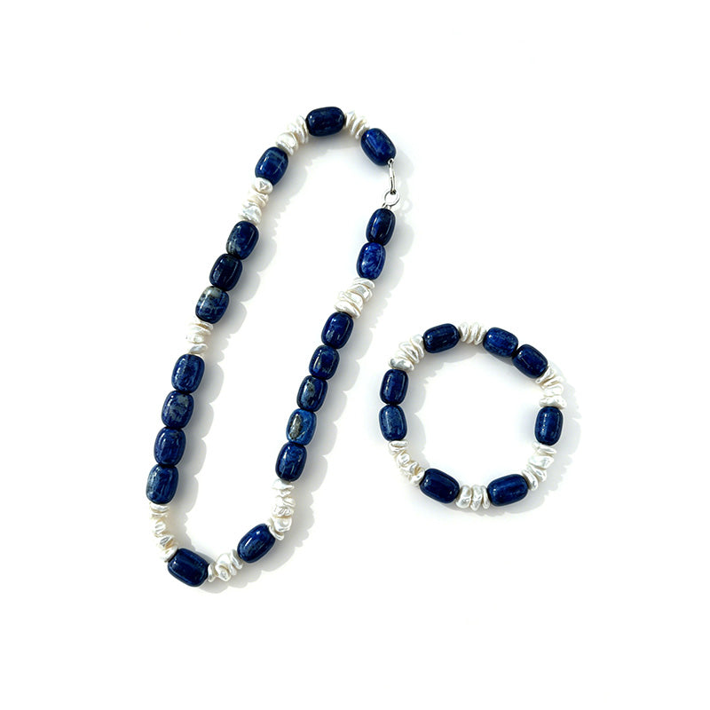 Loxun blue sodalite and baroque pearl necklace bracelet set natural stone sterling silver vintage boho jewelry