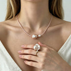 woman wearing Loxun pink fairy pearl necklace pink cord baroque pearl choker 40cm