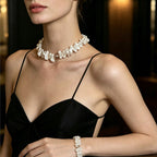 woman wearing Loxun sunflower pearl necklace baroque petal pearls adjustable choker length