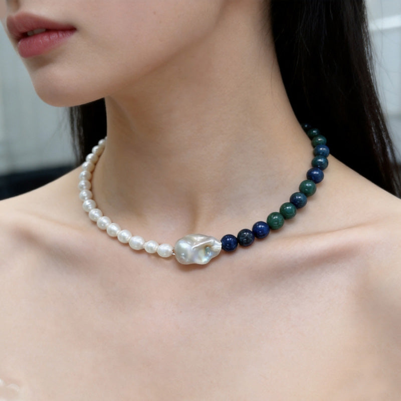 woman wearing Loxun turquoise baroque pearl necklace 42cm choker length collarbone natural stones